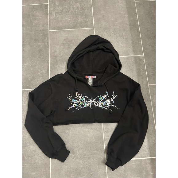 Urban Outfitters Tops - Urban Outfitters Black Cropped Hoodie Cyber Sigilism Holographic Graphic M